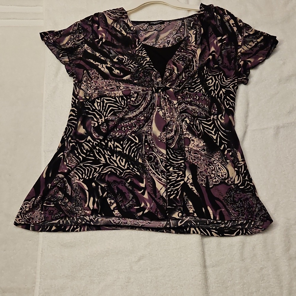 Perception Women Purple Black Paisley Animal Print Jersey V-Neck Blouse
